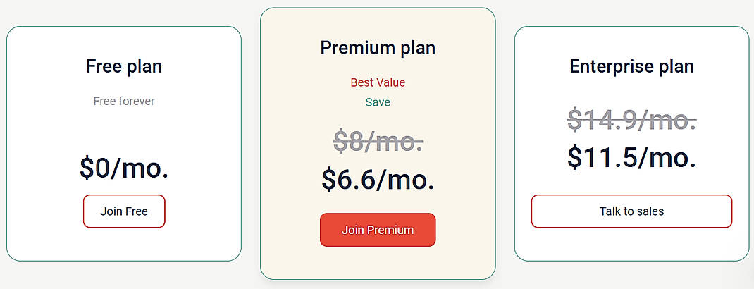Pricing screenshot