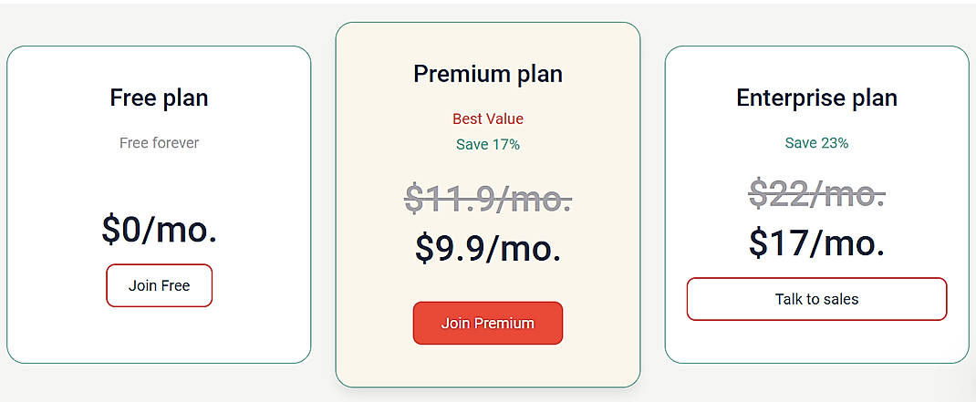 Pricing screenshot