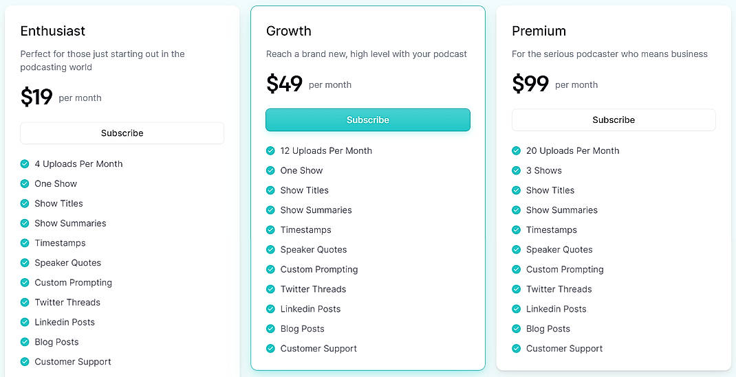 Pricing screenshot