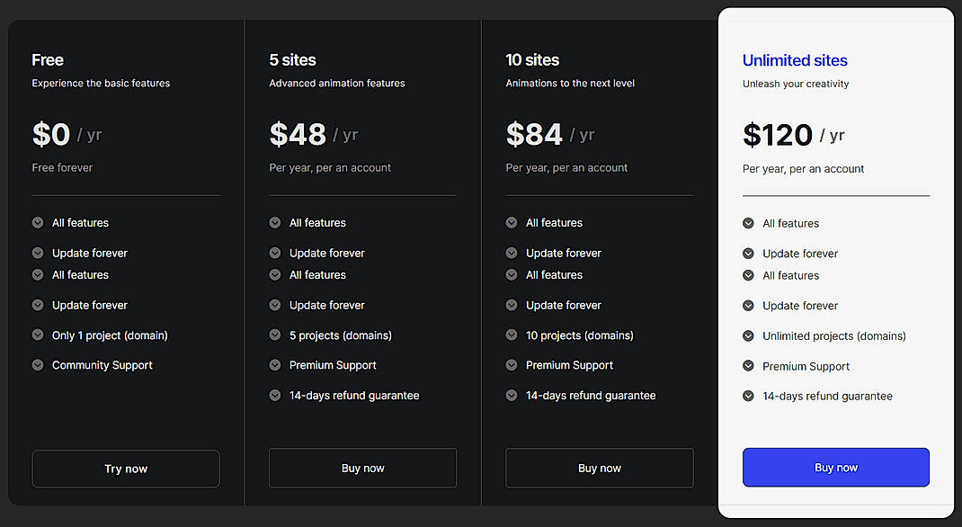 Pricing screenshot