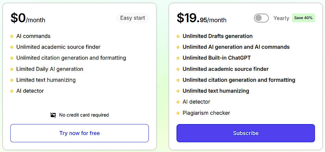 Pricing screenshot