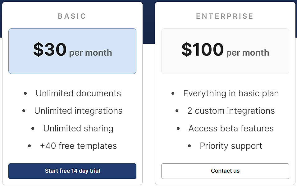 Pricing screenshot