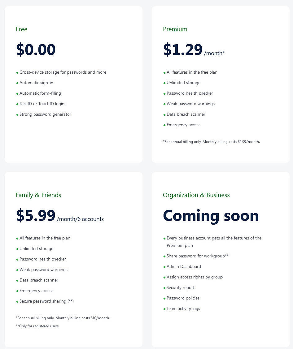 Pricing screenshot