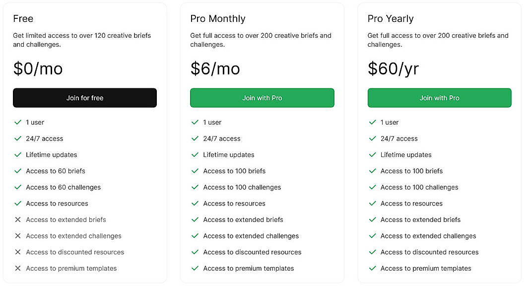 Pricing screenshot