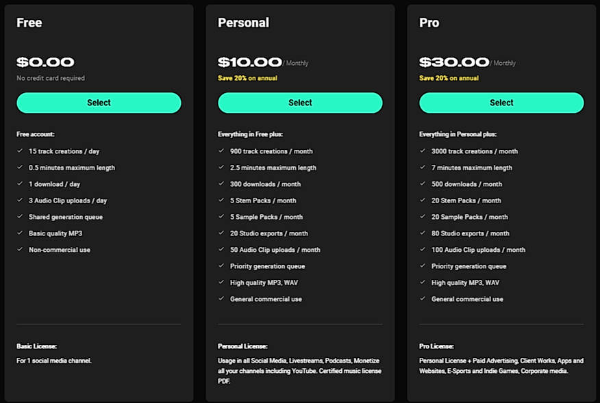 Pricing screenshot