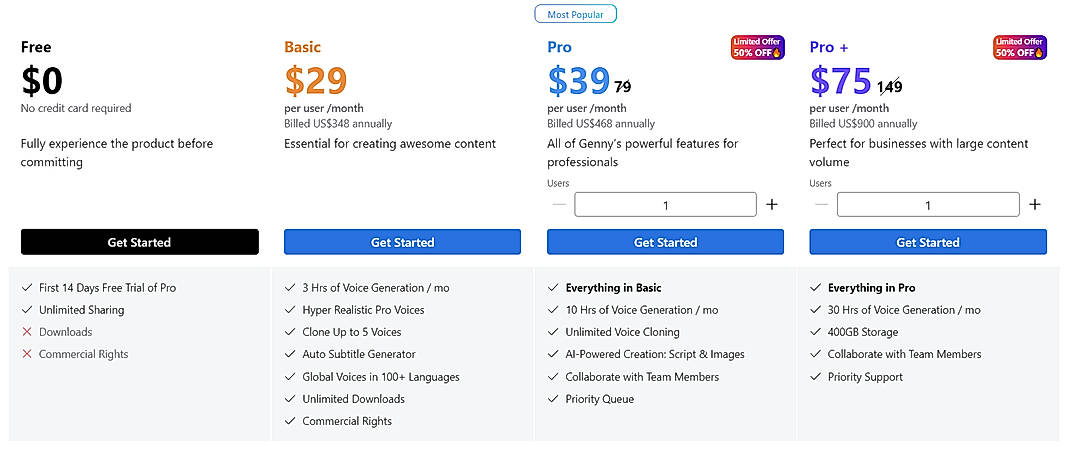 Pricing screenshot