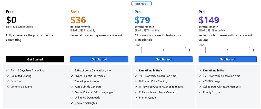Pricing screenshot