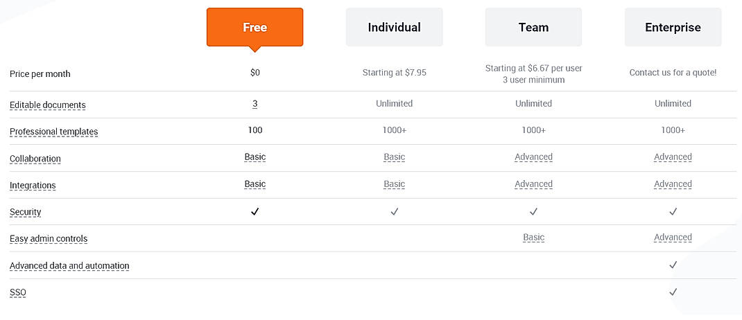 Pricing screenshot