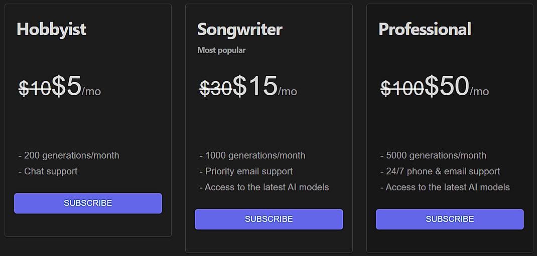 Pricing screenshot