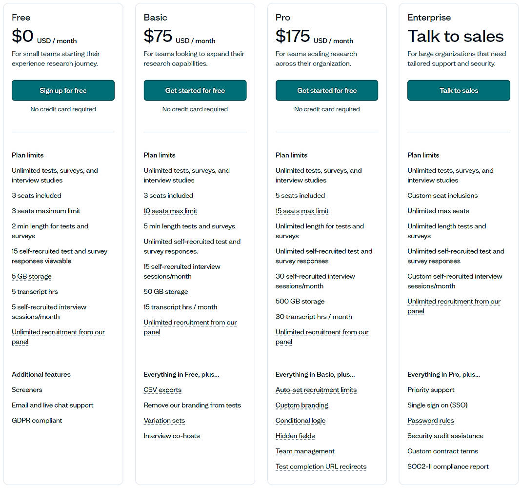 Pricing screenshot