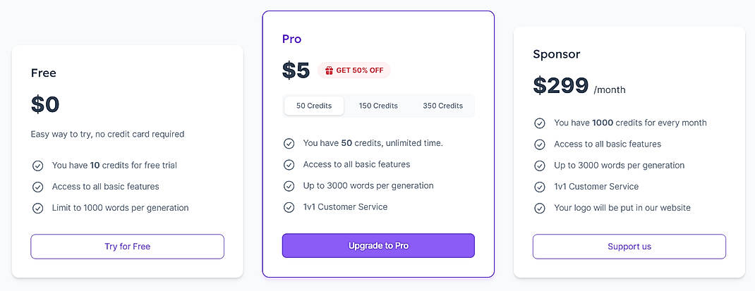Pricing screenshot