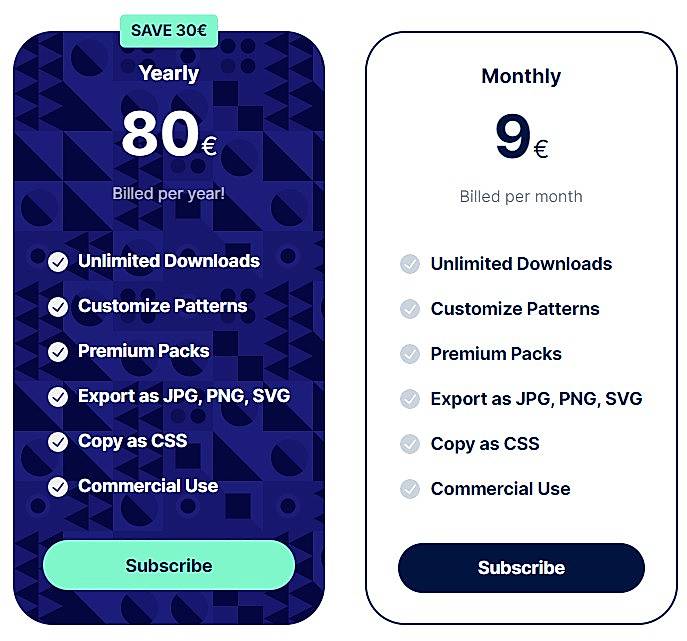 Pricing screenshot