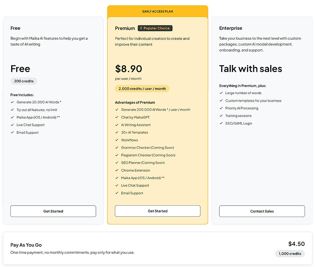 Pricing screenshot