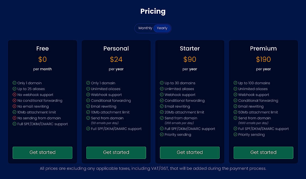 Pricing screenshot