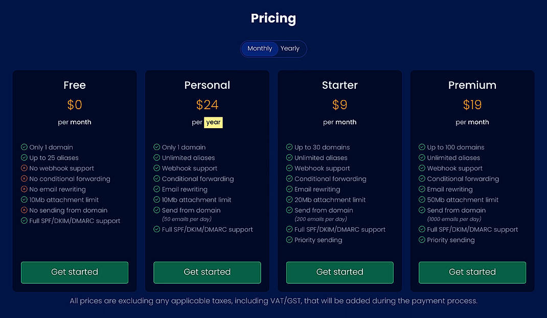 Pricing screenshot