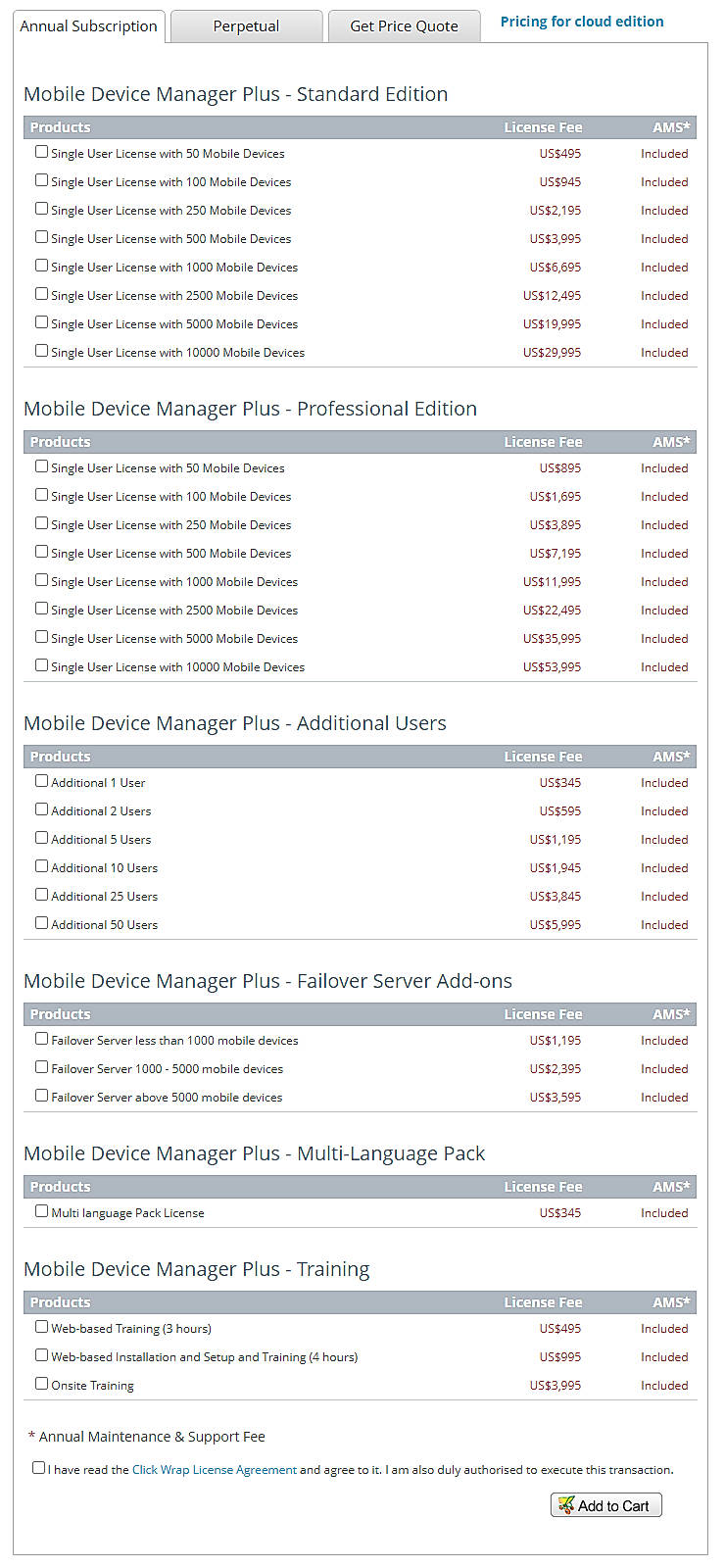 Pricing screenshot