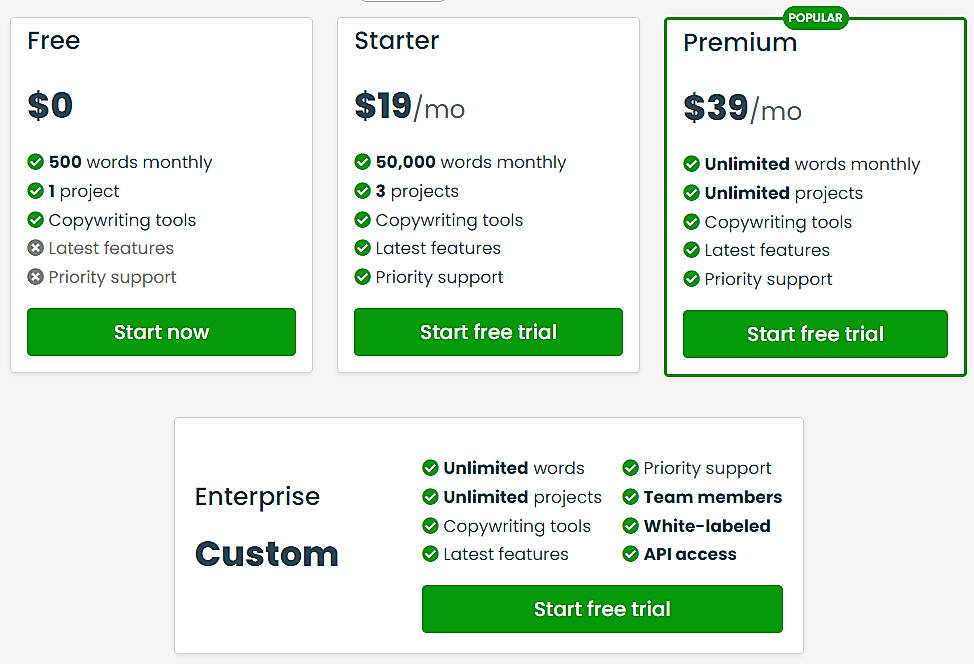Pricing screenshot