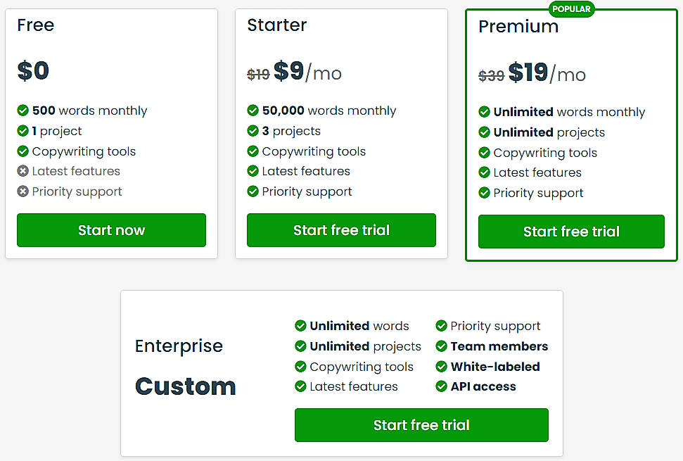 Pricing screenshot