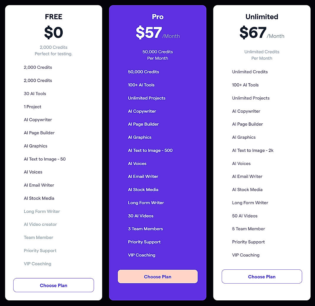 Pricing screenshot
