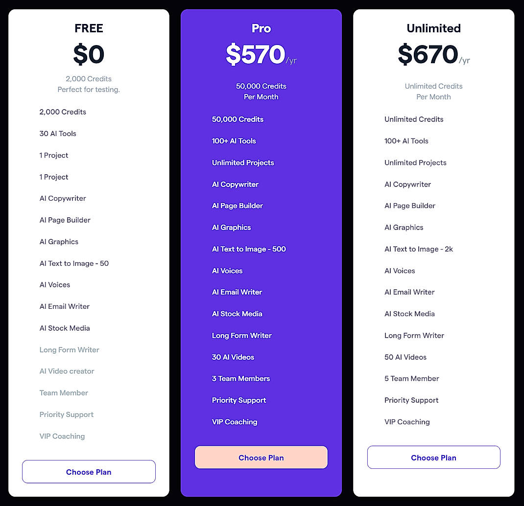 Pricing screenshot