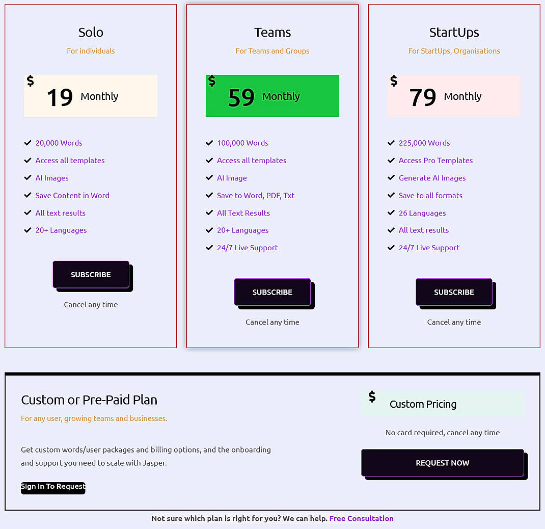 Pricing screenshot