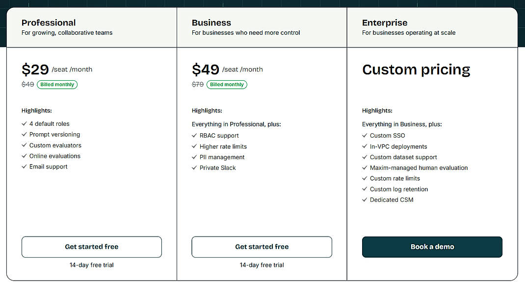 Pricing screenshot