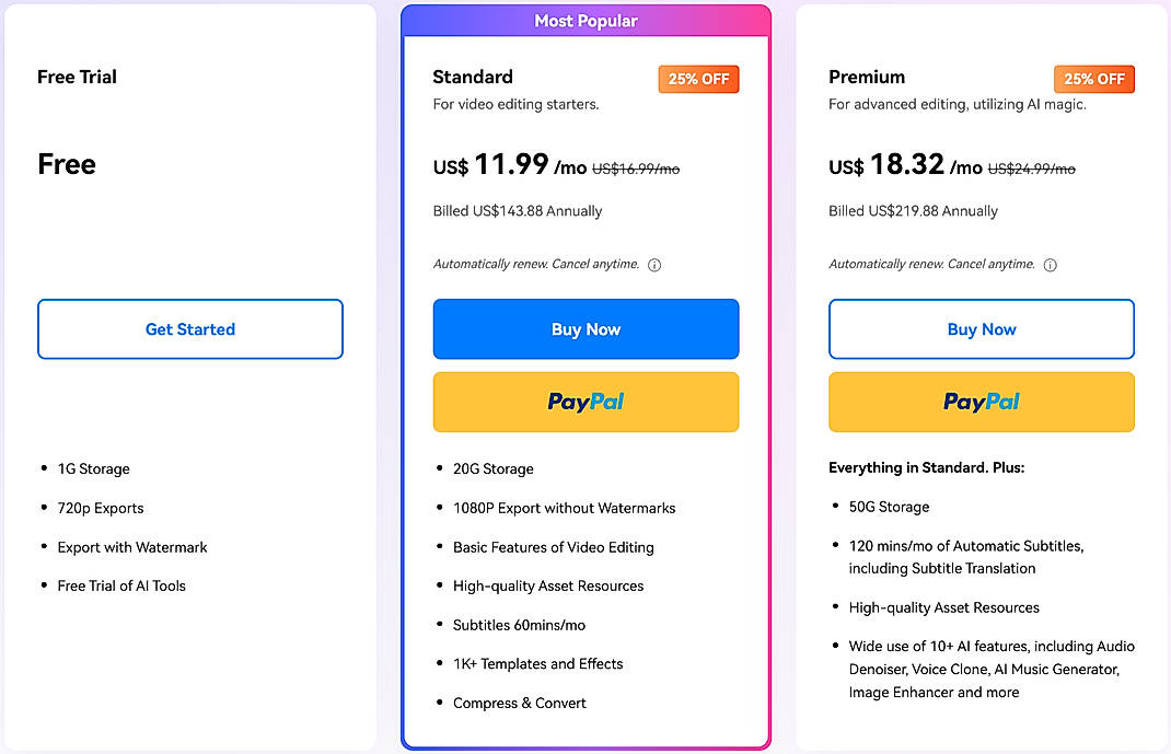 Pricing screenshot