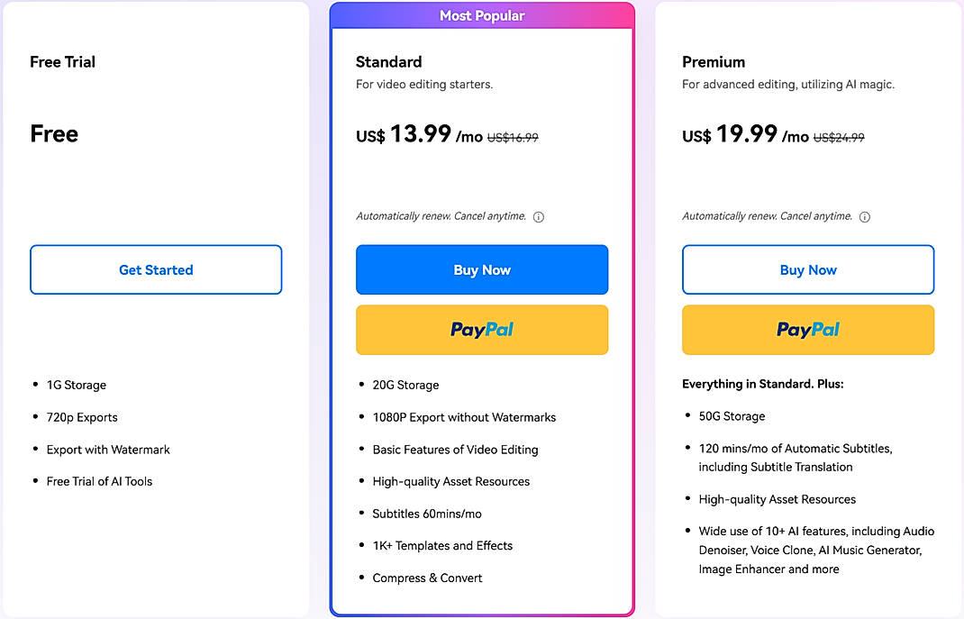 Pricing screenshot