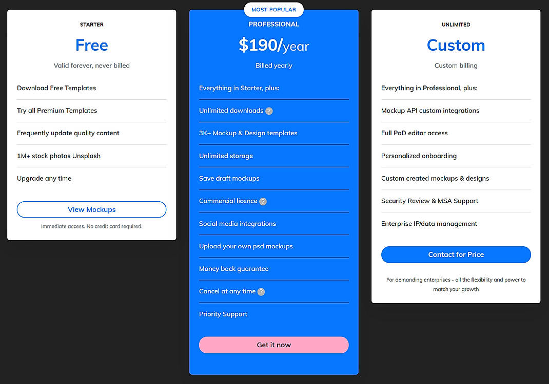 Pricing screenshot