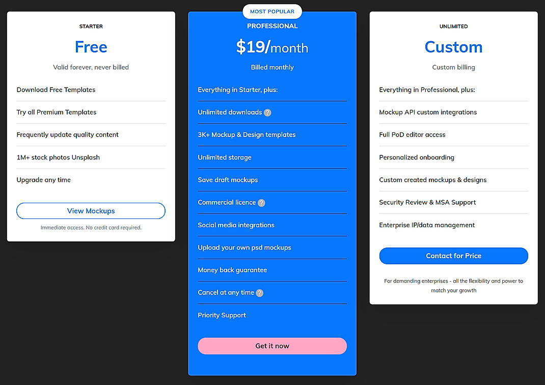 Pricing screenshot