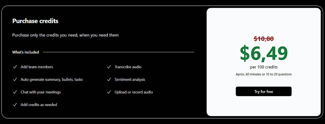 Pricing screenshot