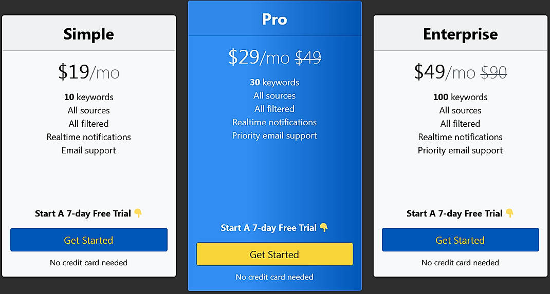 Pricing screenshot