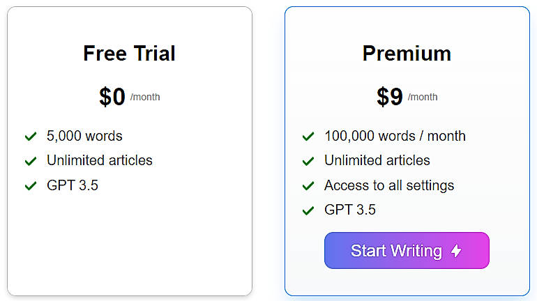 Pricing screenshot