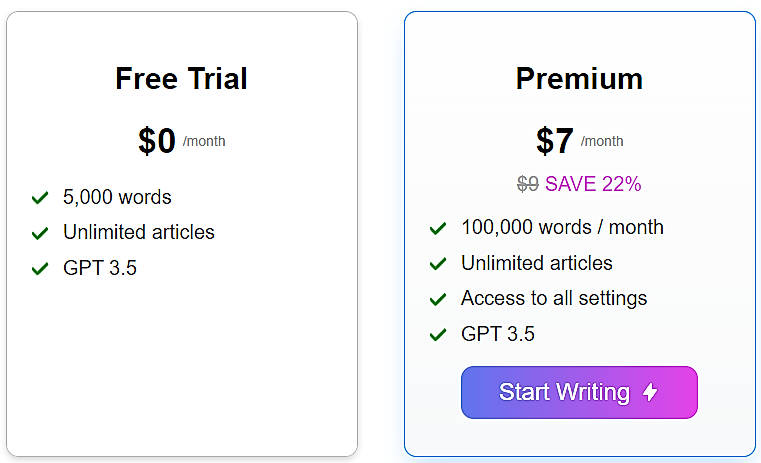 Pricing screenshot
