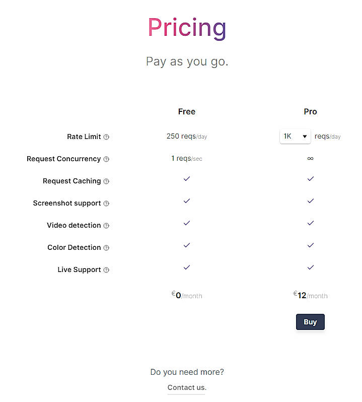 Pricing screenshot