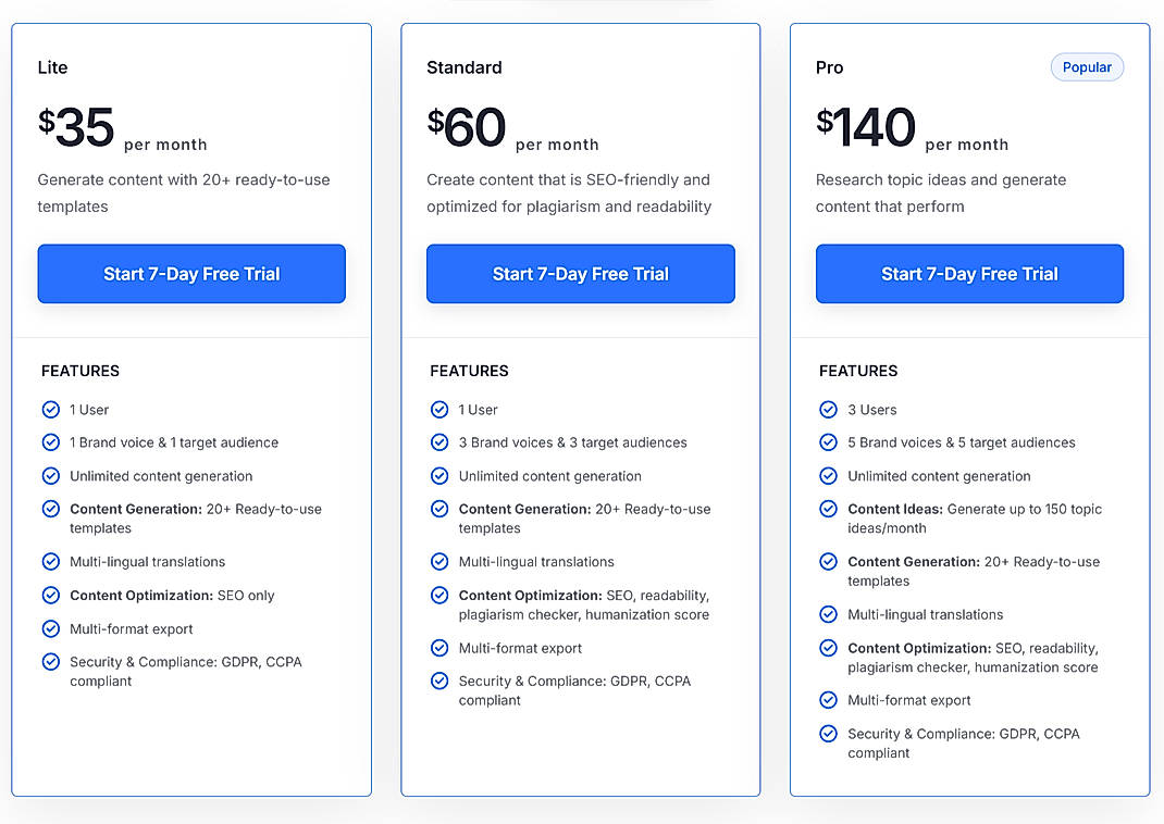 Pricing screenshot