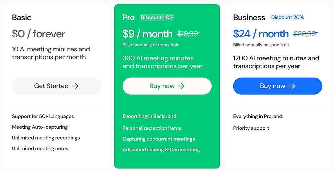 Pricing screenshot