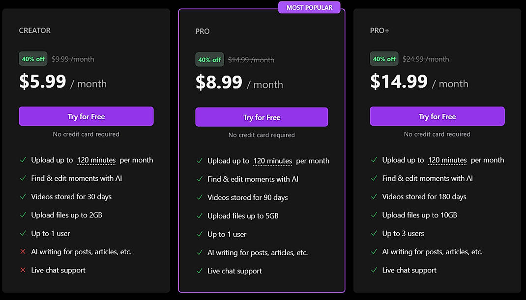 Pricing screenshot