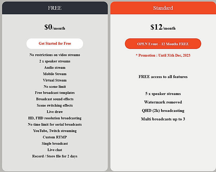 Pricing screenshot