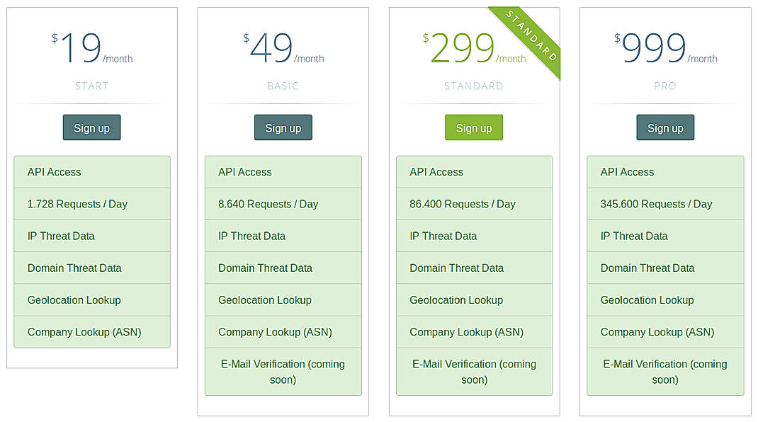 Pricing screenshot
