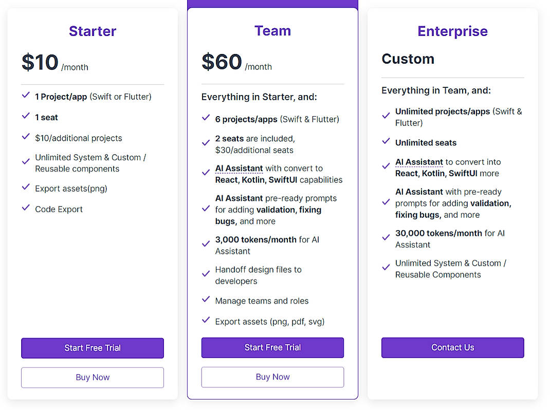 Pricing screenshot