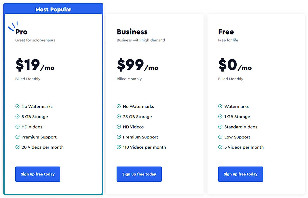 Pricing screenshot