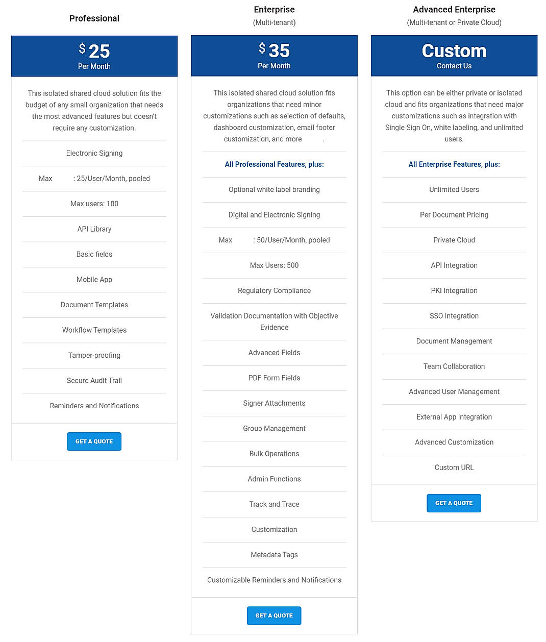 Pricing screenshot