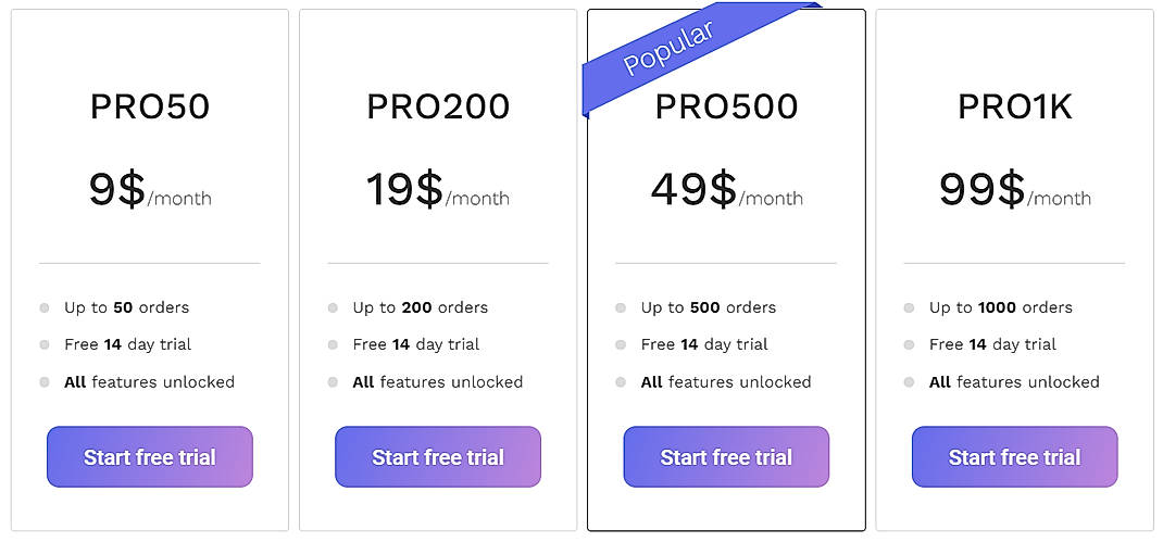 Pricing screenshot