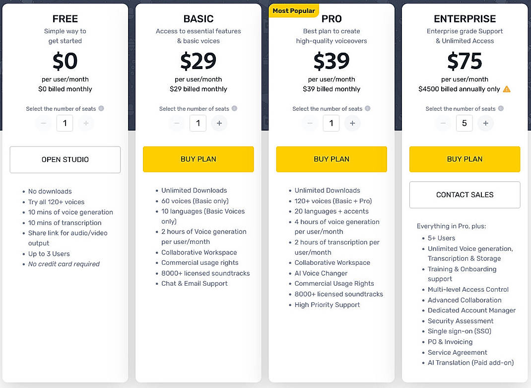 Pricing screenshot