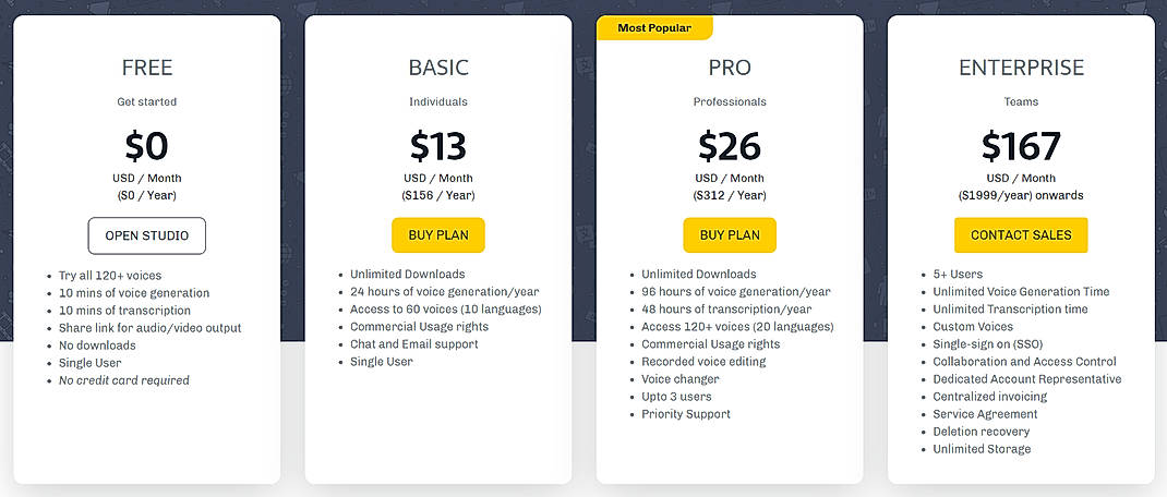Pricing screenshot