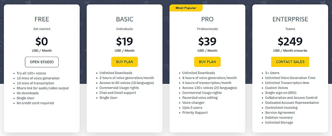 Pricing screenshot
