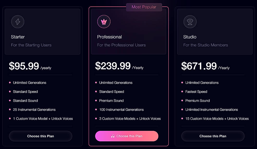 Pricing screenshot