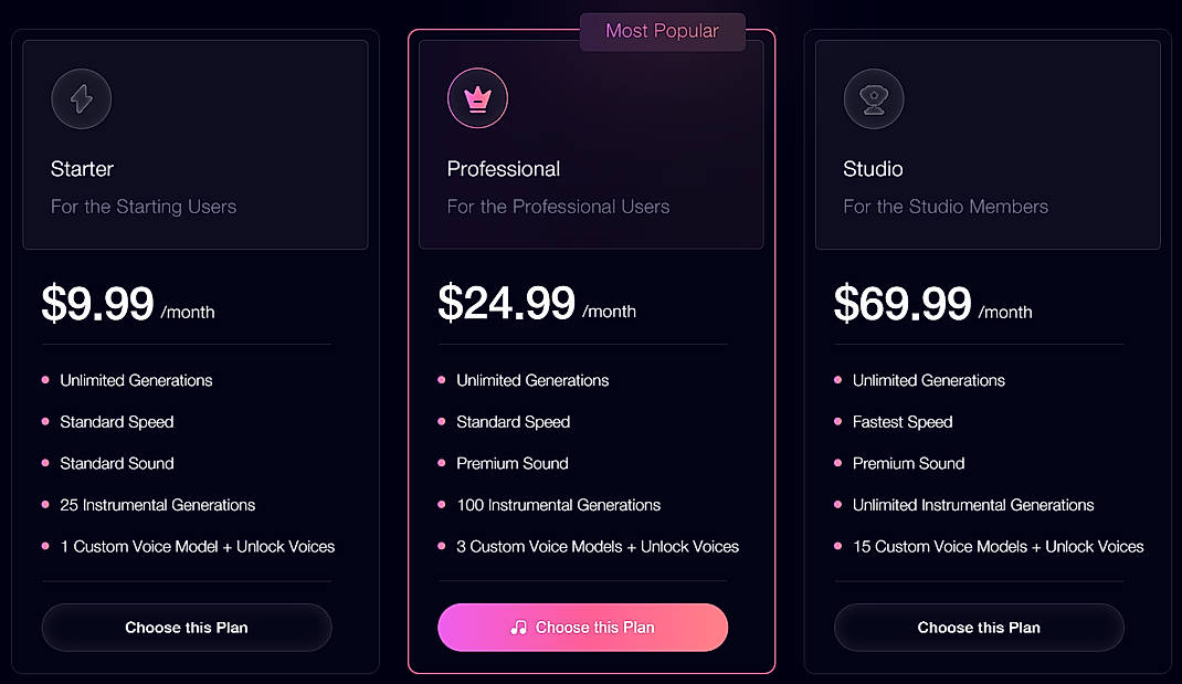 Pricing screenshot