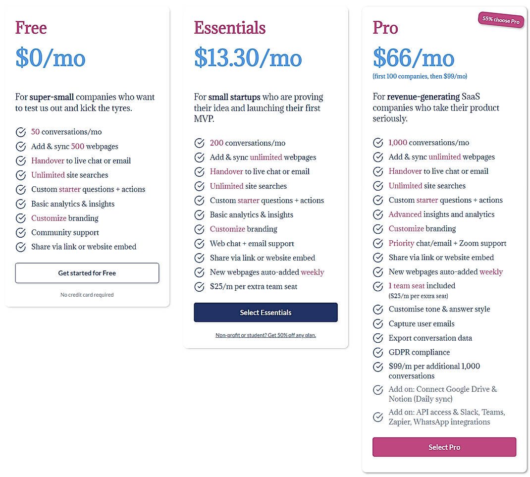 Pricing screenshot